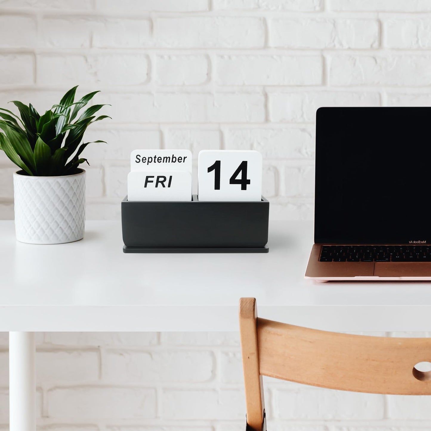 DEERINE Wooden Block Perpetual Calendar for Desk, Daily Desktop Standing Flip Calendar with Large Display, Modern Farmhouse Aesthetic Desk Accessories for Home Office Decor, Reusable Yearly, Black