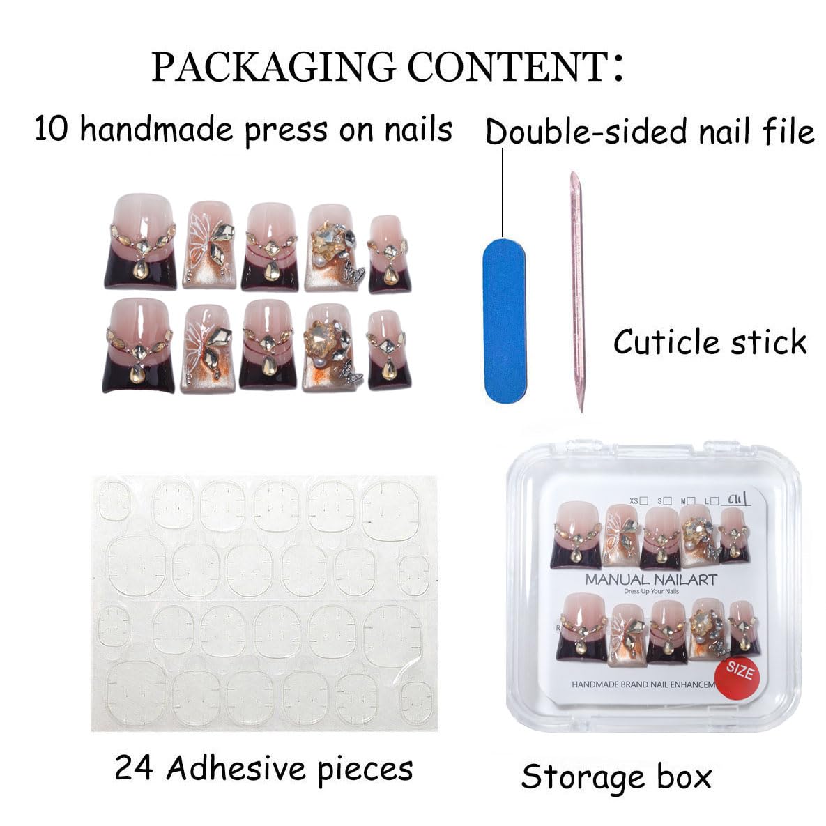 10Pcs Duck Shape Handmade Press On Nails | Easy Apply & Remove, Reusable Salon Quality Nails | Luxury Nude Pink Fake Nails with Butterfly, Teardrop Rhinestone & Dark Burgundy French Accents (O908, M)