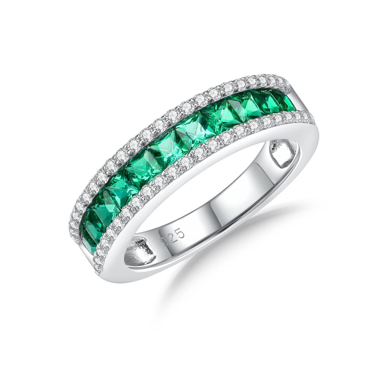 RANDES Channel Set Band Rings for Women Men Emerald Eternity Bands Sterling Silver 5mm Thick Wedding Band May Birthstone Ring Size 10
