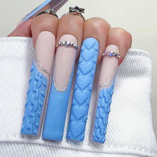 Foccna Blue Press on Nails Extra Long, Acrylic Fake Nails French Square False Nails Matte,Artificial Nails LOVE Design for Women and Girls, 24 pcs