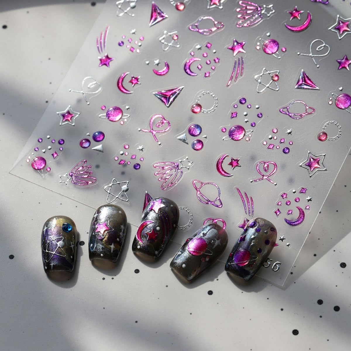 5D Embossed Star Nail Art Stickers Pink Purple Nail Decals Shiny Moon Heart Designs Self-Adhesive Star Moon Planet Nail Stikcers DIY Manicure Decoration - Nail Art Supplies for Women