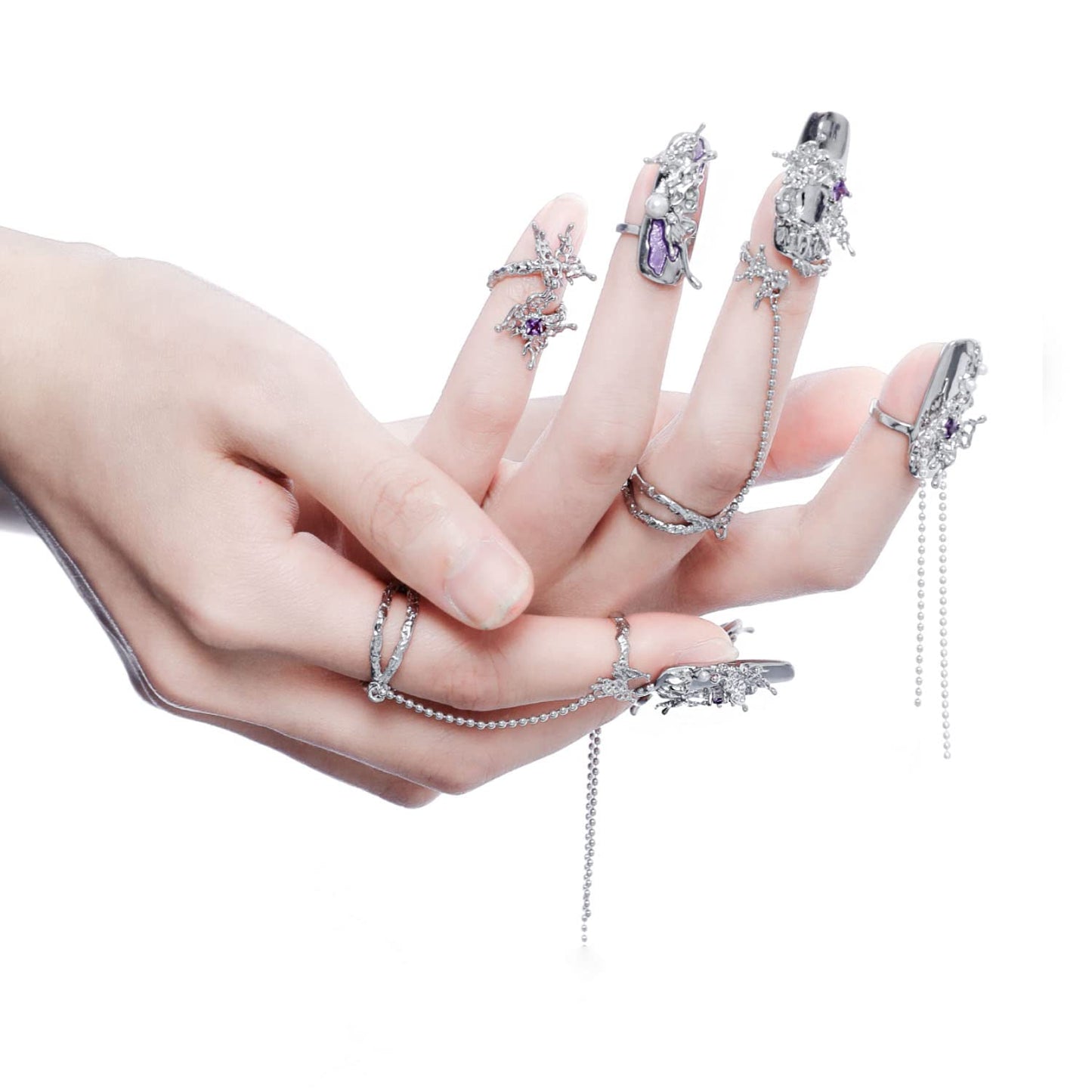 JZSMY 10Pcs Finger Tip Nail Rings for Women, Adjustable Open Circle Nail Art Charms Accessories, Irregular Fingertip Nail Armor Ring Punk Jewelry Set (Purple)
