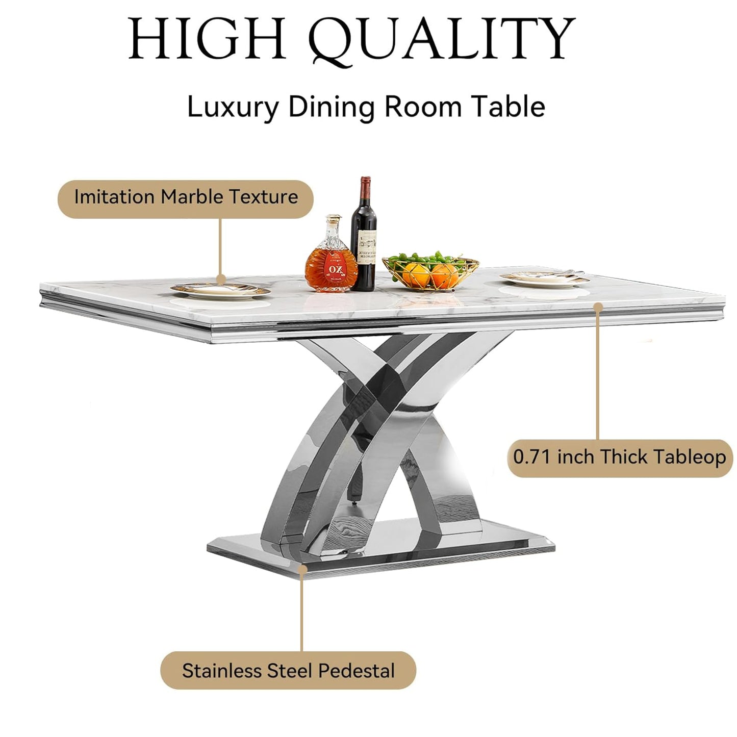 Pvillez 68.11" Marble Dining Table Set, White Dining Table with 6 Beige Velvet Chairs, Rectangle Kitchen Table and Chair Set with Silver Stainless Steel Base, Luxury 7 Piece Dining Set for Kitchen