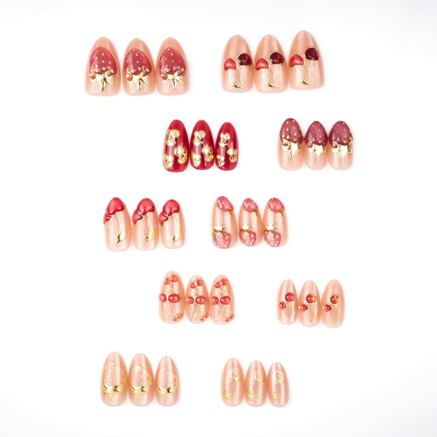 Medium Almond Press on Nails for Women Cherry Strawberry,Fake Nails Artificial Stick on Nail