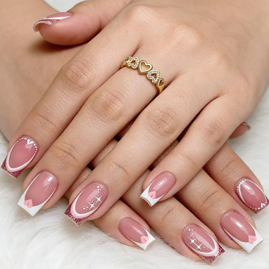 24Pcs Valentines Fake Nails Short Square Press on Nails with Pink Heart Designs Red White French Nail Press ons Glitter Glossy Full Cover Glue on Nails Reusable Heart Stick on Nail for Women Manicure
