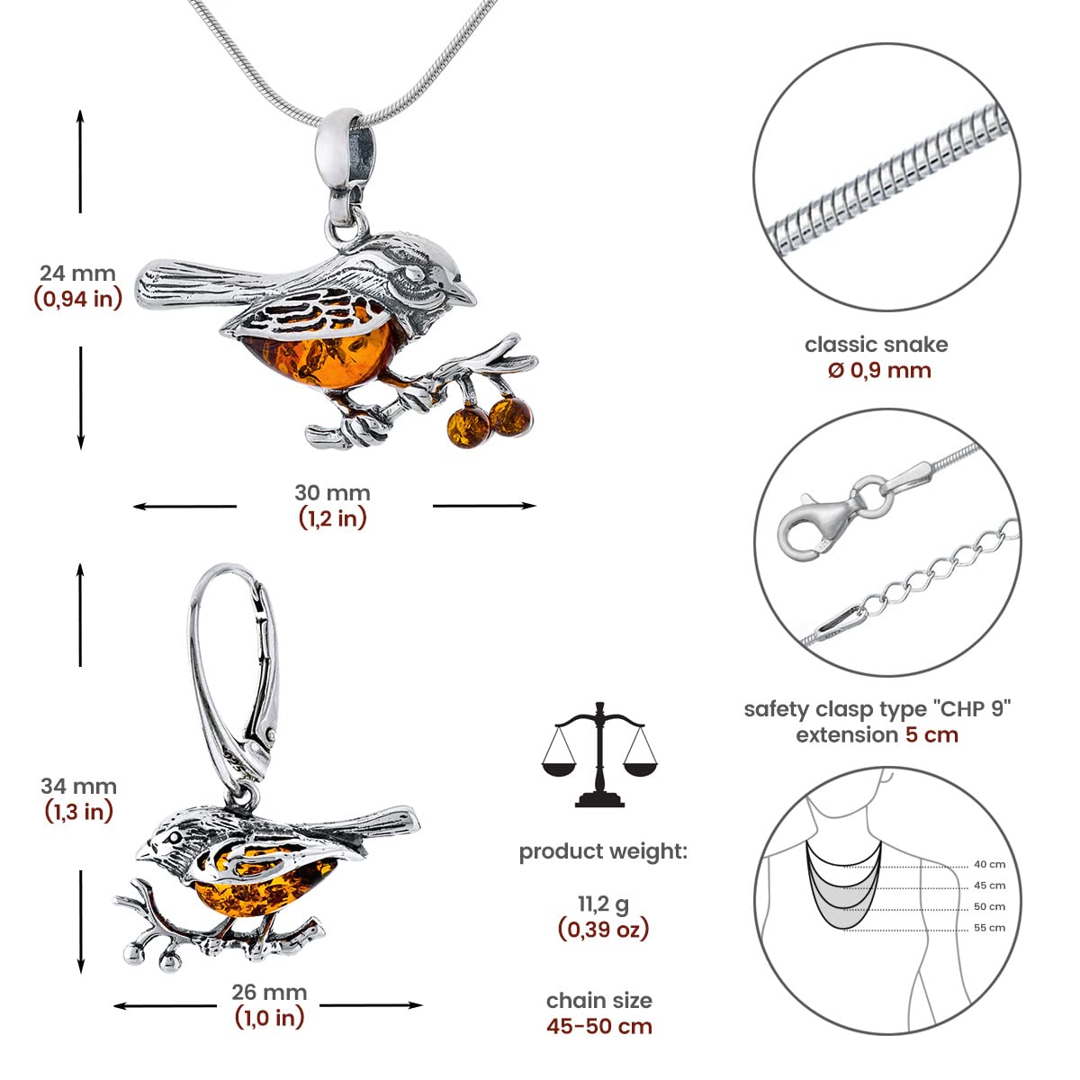 AMBEDORA Women's Jewellery Set Amber Sparrows, Oxidised Sterling Silver, Baltic Amber in Cognac Colour, Silver Pendant on Chain and Earrings