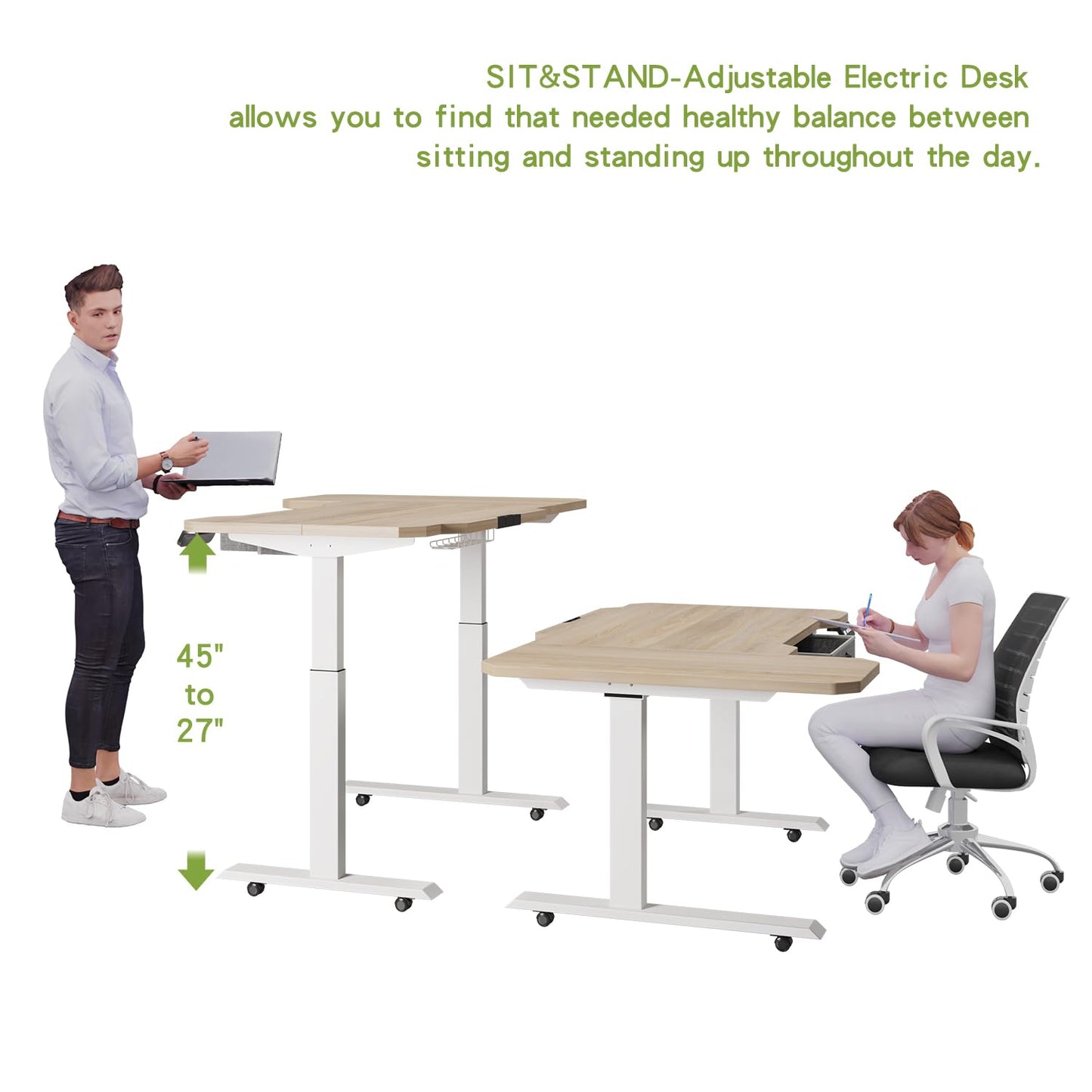 Radlove Dual Motors Height Adjustable 59'' L Shape Electric Standing Desk with Drawer Stand Up Table 4 Memory Keys, Computer Desk with Splice Board Home Office Desk, Oak Top + White Frame