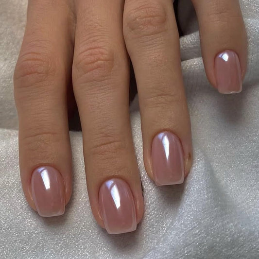 Curvlife Press on Nails Short Square Acrylic Fake Nails with Apricot Design Full Cover False Nails Glossy Nude Artificial Stick on Nails for Women(Pink Glitter)