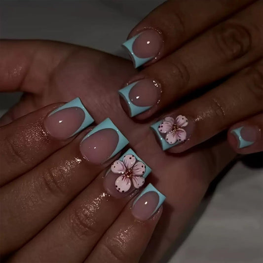 24Pcs Blue French Tip Press on Nails Short Square Fake Nails Pink 3D Flower False Nails with Gold Rhinestones Design Spring Summer Glue on Nail Full Cover Artificial Stick on Nails for Women Manicure