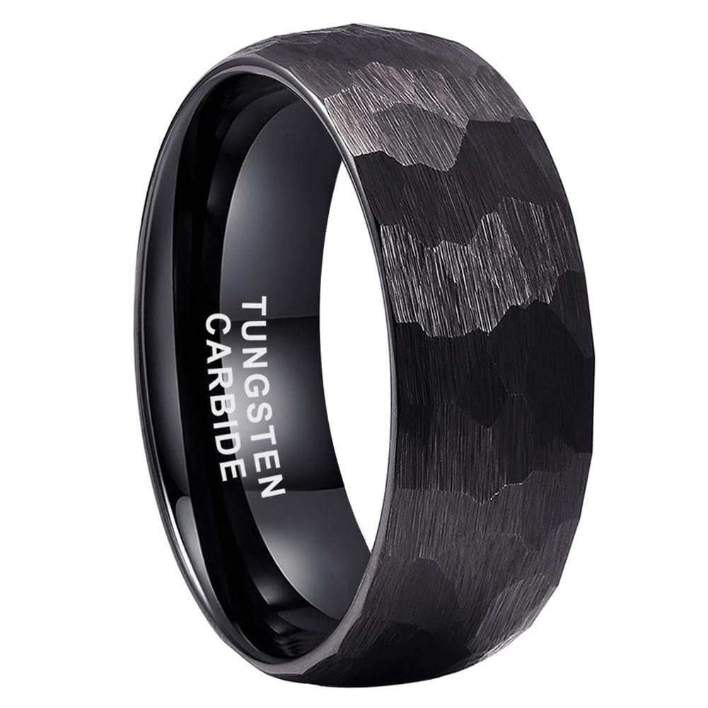 TUTISS 8mm Black Hammered Tungsten Rings for Men Women Fashion Engagement Wedding Bands Domed Matte Finish Comfort Fit Size 7