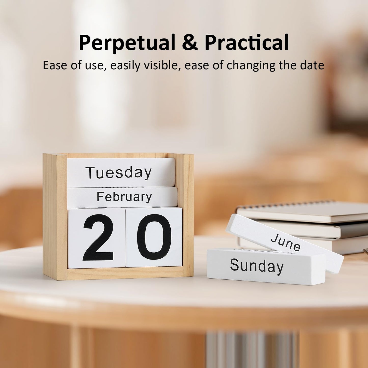 DEERINE Wooden Block Calendar for Desk, Daily Desktop Perpetual Desk Calendar, Cute Date Display Blocks Desk Accessory for Home Office Decor, Teacher, Classroom, Reusable Yearly, Wood Grain