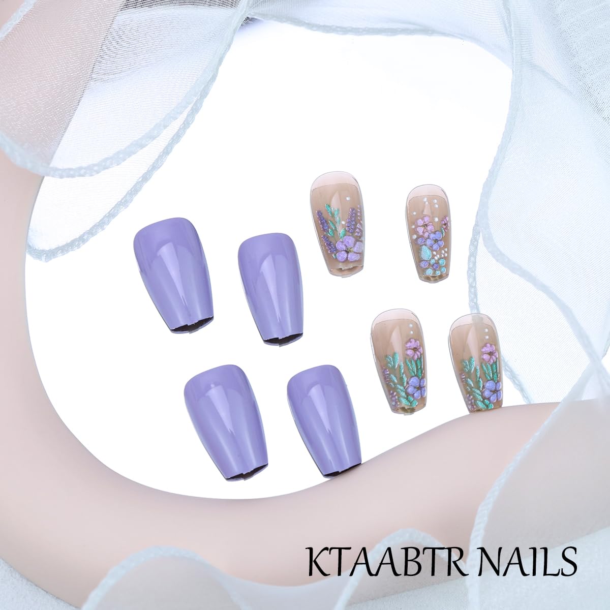 3D Flower Press on Nails Medium Square Shape Nude False Nails with Pink Purple Floral Design Coffin Fake Nails Full Cover Glossy Acrylic Nails for Women Decoration 24PCS Reusable Artificial Nails