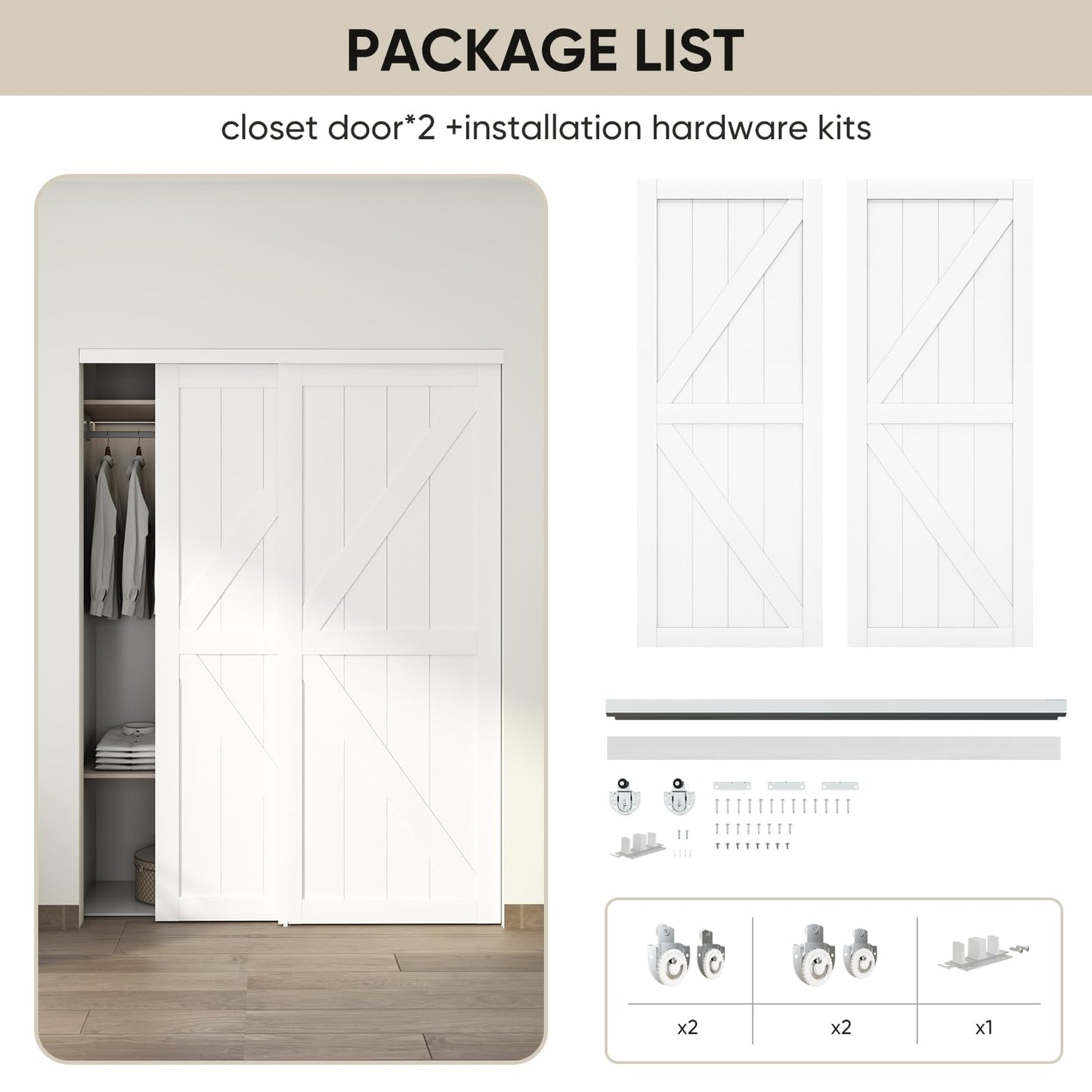 JUBEST 72"(Double 37") x80 Sliding Closet Door, K Style Bypass Closet Door with Hardware Kit & Matching Fascia, Preassembled Solid Wood Slab with Water-Proof PVC Surface, Easy to Install, White