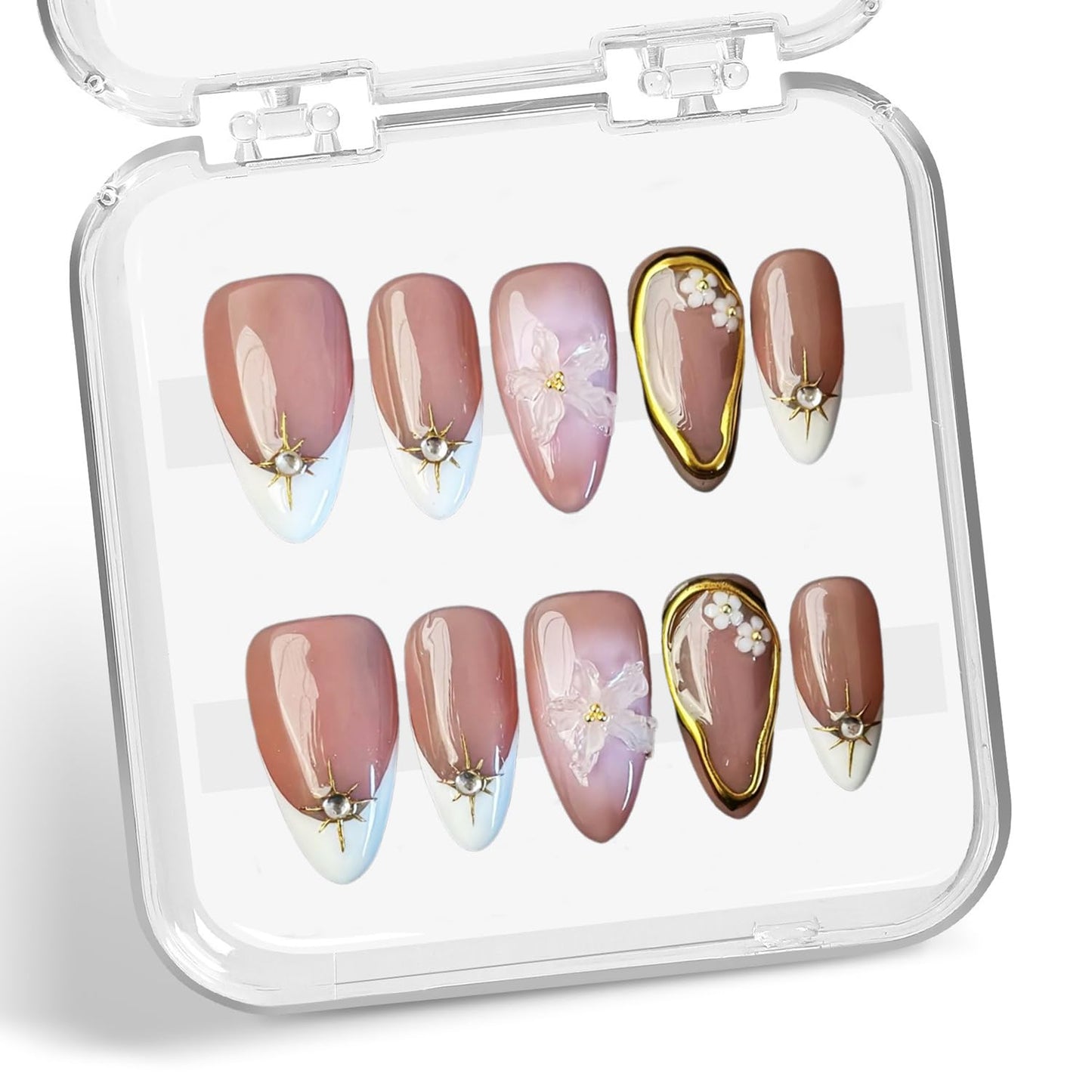 White French Tip Press on Nails Short Almond Fake Nails Handmade Press on Nails Flower False Nails Golden Embossed Designs Full Cover Muti-Layer Gel Stick on Nail Acrylic Nails for Women (Size M)