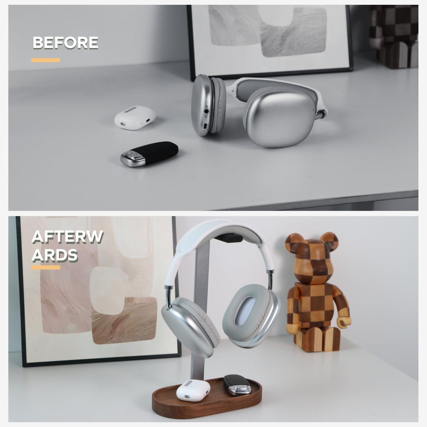 muso wood Headphone Stand & Desktop Headset Holder | Space-Saving Premium Solid Wood Storage Base for Gaming Headsets, AirPods Max, VR Gear – Modern Desktop/Workspace Essential