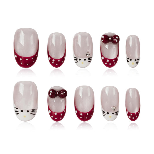 Tesytto Handmade Press on Nails Almond Shape Glossy Reusable False Nails for Nail Art (Cute Cat Polka, S)