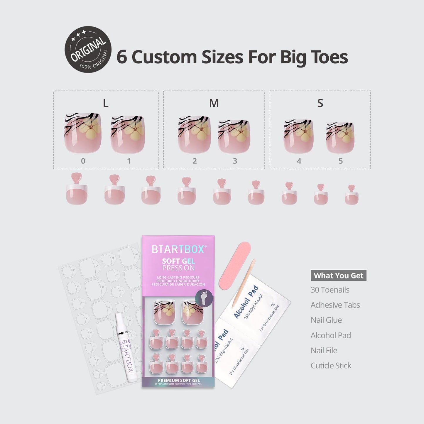 BTArtbox Press On Toenails Short - Isle Plumeria Pedi, Easy-to-Apply Flower French Tip Square Toe Nail Press Ons with Glue and Adhesive Tabs in 15 Sizes - 30 Toenails All-in-One Kit