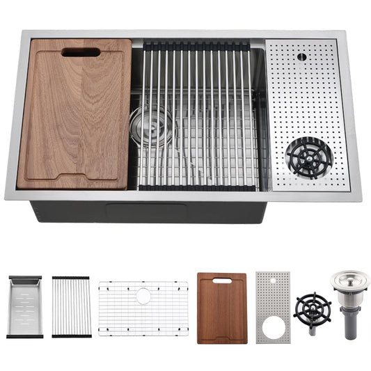33 Inch Undermount Kitchen Sink with Glass Rinser -Bokaiya 33x19 Stainless Steel Kitchen Sinks Undermount Workstation Sink 16 Gauge Multifunctional Single Bowl Deep Kitchen Sink with Cutting Board
