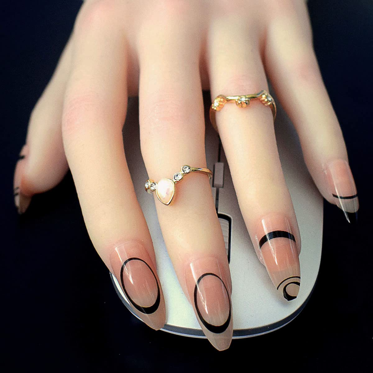Press On Nails Short, Stripes French Fake Nails, 2packs (48 Pcs) Glossy Full Cover Acrylic Press on Nails Almond, Black Stick On Nails for Women and Girls