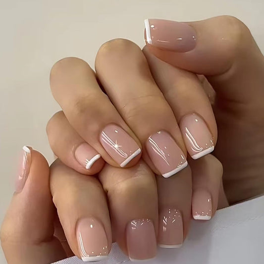 Square Press on Nails Short Fake Nails with White French Tip Designs Daily Wear Simple Nails Press ons Glossy Glue on Nails Nude Full Cover Artificial Stick on Nails for Women 24Pcs