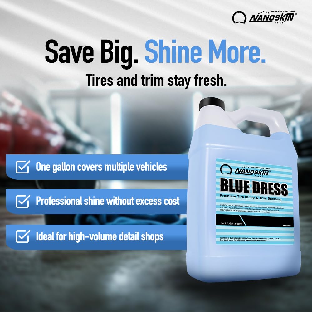 Nanoskin BLUE DRESS Premium Dressing 55 Gallons- Sprayable Interior & Exterior Dressing for Car Detailing | Works on Tire, Vinyl, Rubber, Plastic & Trim| Safe for Cars, Trucks, Motorcycles, RVs & More