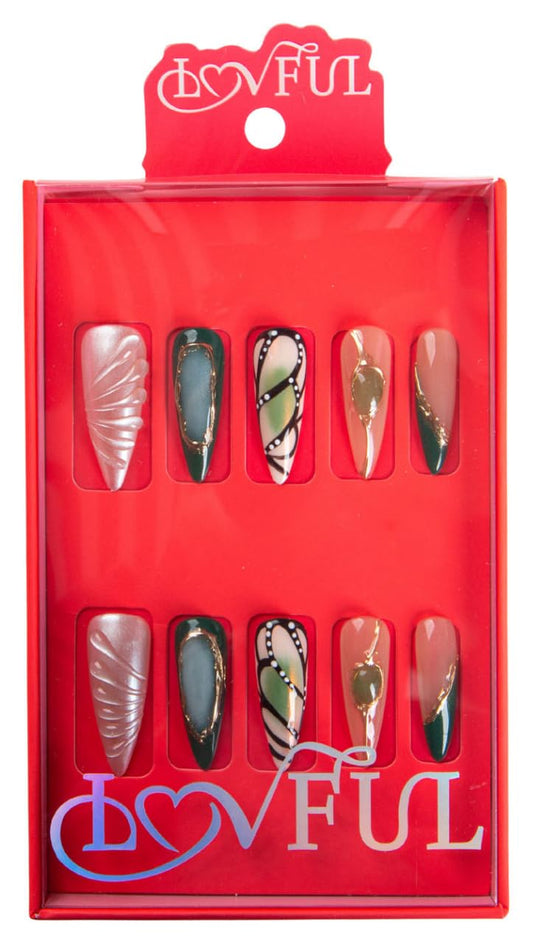 LOVFUL Press on Nails Handmade with Full Covered Crystals Reusable Fake Nails Stiletto Classic Regular 1.3 in Verdant Luxe L