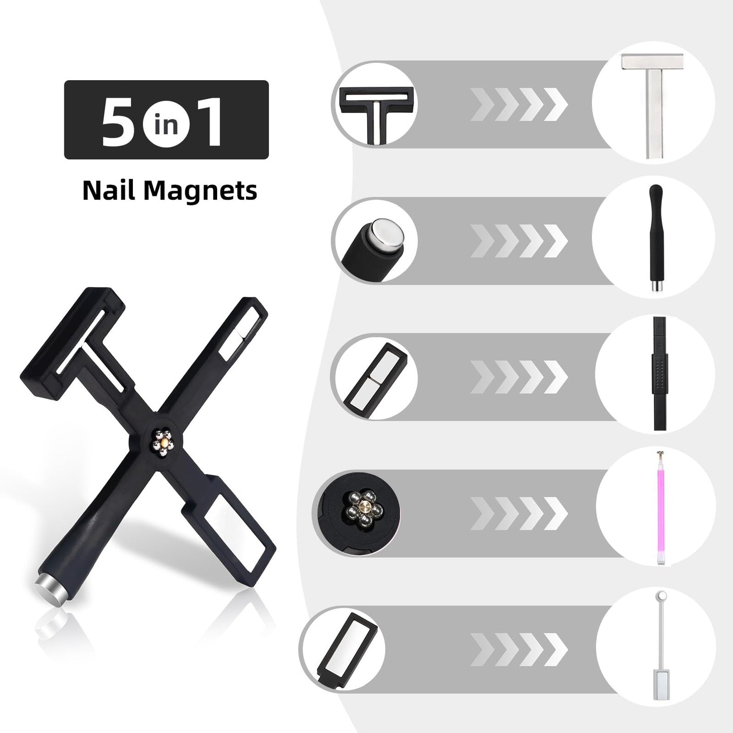 5 in 1 Cat Eye Magnet for Nails Art, 7Pcs Multifunctional Cat Eye Gel Nail Polish Magnet Stripe Nail Magnet Wands for Nails Cat Eye Nail Design Tools Nail Art Accessories(Pink)