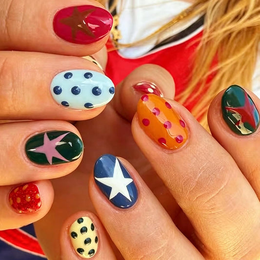 Oval Press on Nails Short, Colorful Star & Polka Dot Fake Nails Y2K Retro Style, Multicolor Full Cover Acrylic False Nails press ons for Women Girls, Cute Mix & Match Design 24Pcs
