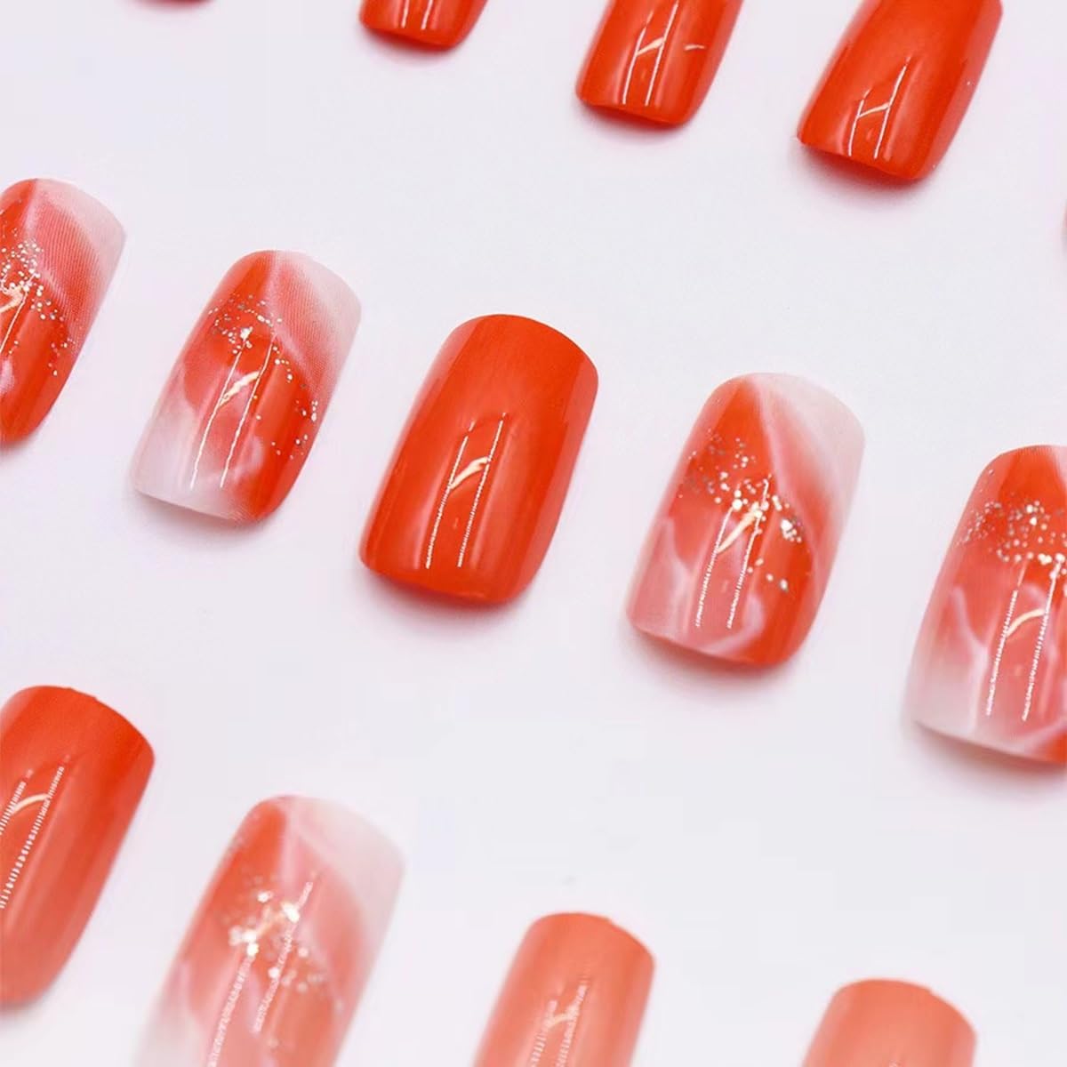 Medium Press on Nails Square - Orange Fake Nails with Gold Foil Design - Glossy Full Cover Stick on False Nails - for Women 24 Pcs