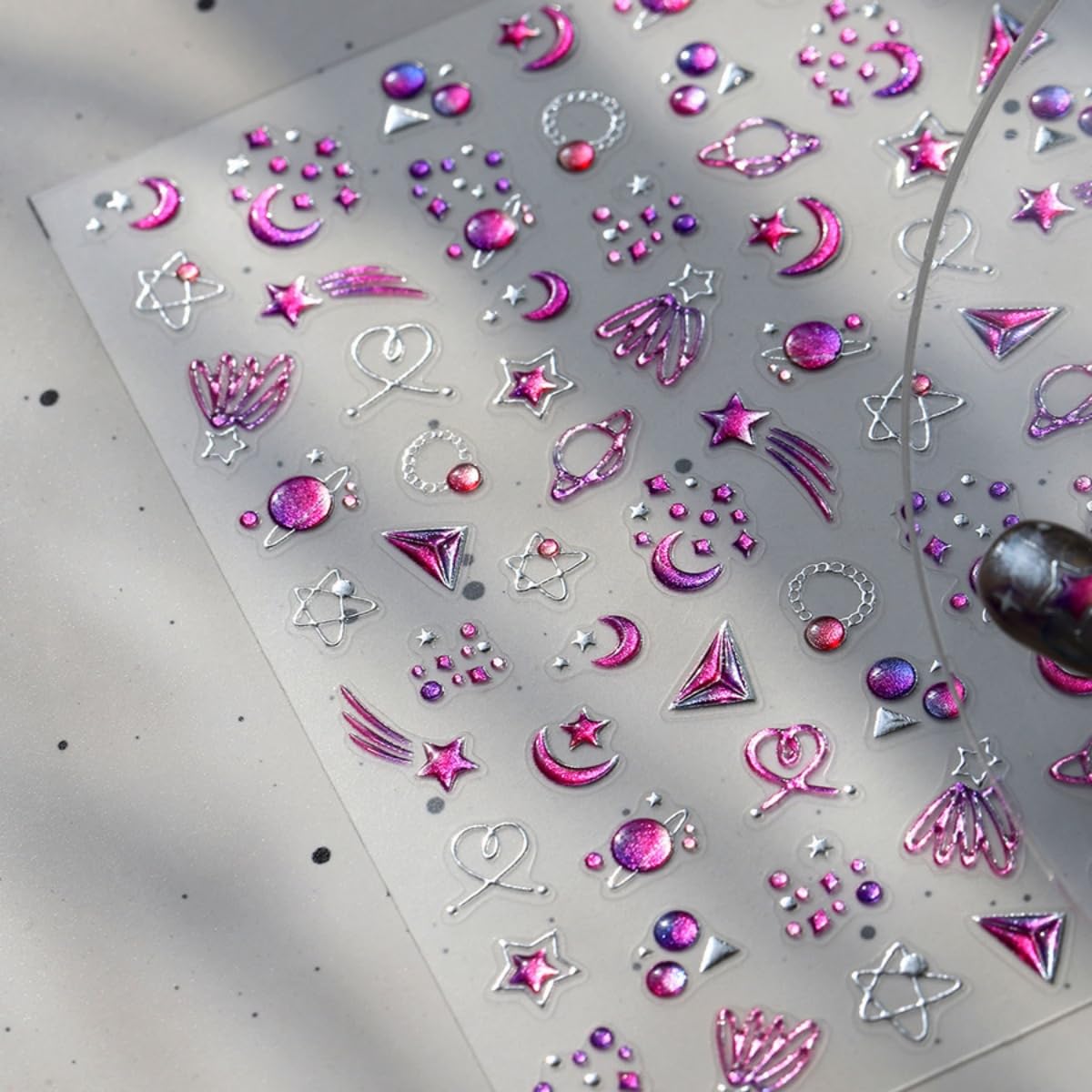 5D Embossed Star Nail Art Stickers Pink Purple Nail Decals Shiny Moon Heart Designs Self-Adhesive Star Moon Planet Nail Stikcers DIY Manicure Decoration - Nail Art Supplies for Women