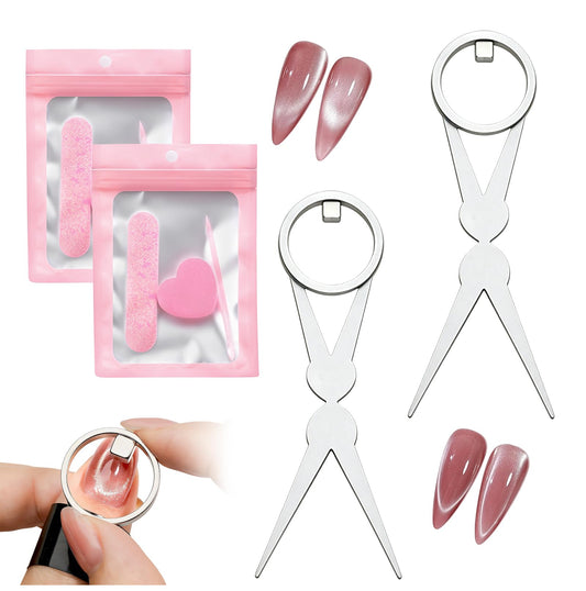 New Cat Eye Nail Magnet Tool Set, Ring-Shaped Cat Eye Magnet for Nails, Portable Hollow Circular Cat Eye for Home DIY, Beginners & Nail Artists (2*Circular Magnet+2*Two Tip Scissor Tool+2*Tool Kit)