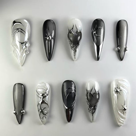 24Pcs Black Press on Nails Medium Almond Fake Nails with Silver Star Heart Rhinestones Designs Glossy Acrylic Full Cover Stick on Nail Gothic Dark Black Style False Nails for Women DIY Nails Salon