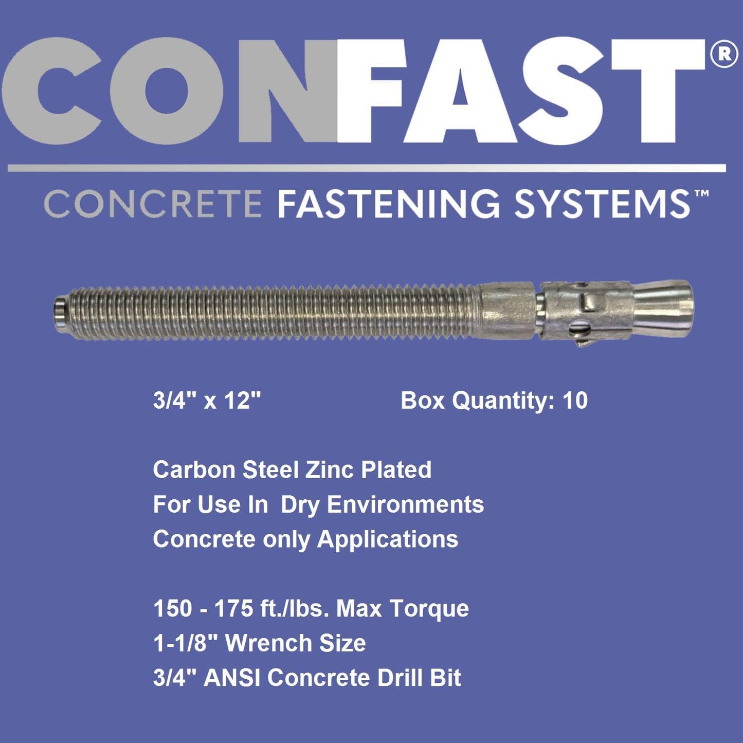 CONFAST 3/4" x 12" Wedge Anchor Zinc Plated (Box of 10)