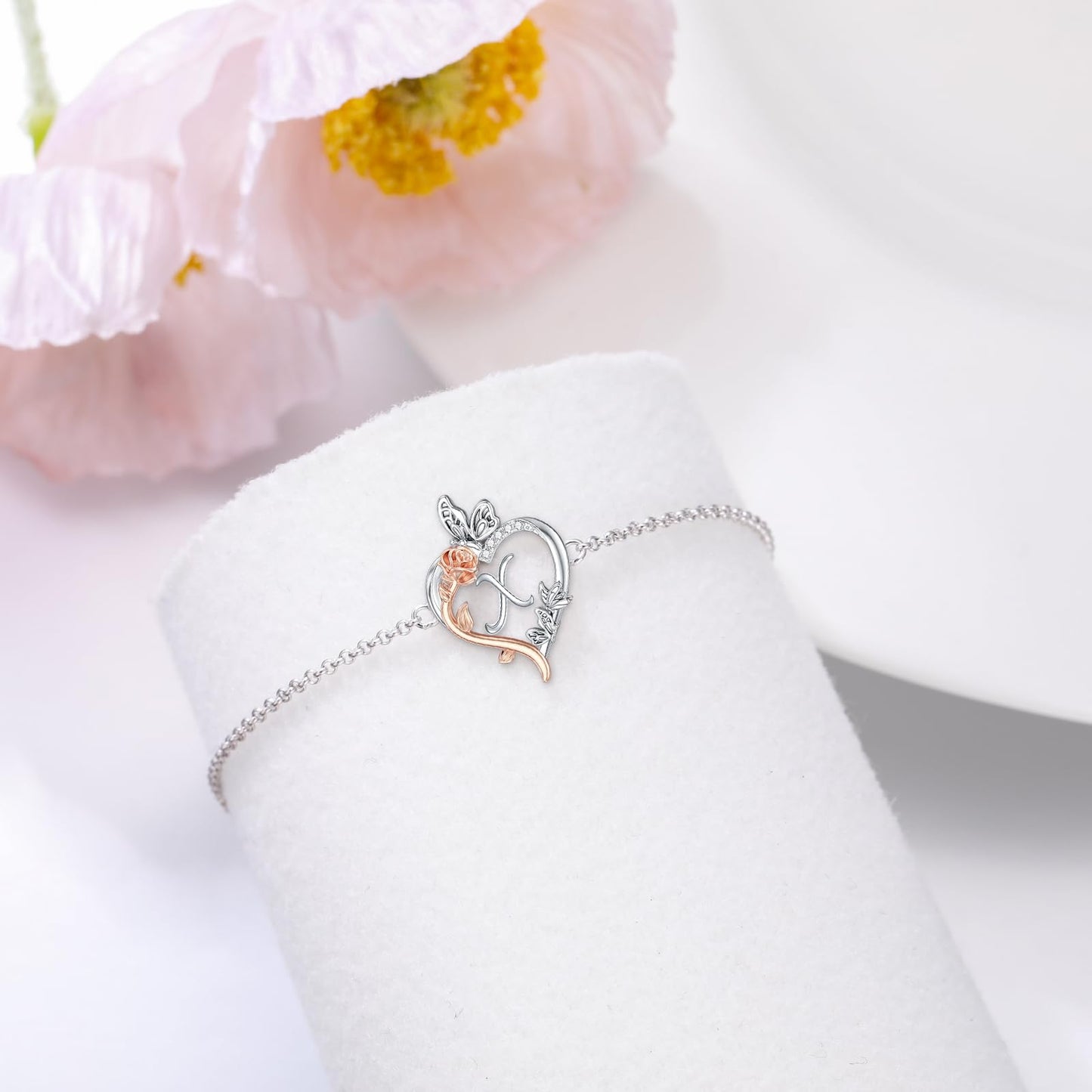 TOUPOP Rose Heart Bracelet for Women Sterling Silver Heart Initial X Letter Bracelet Butterfly Love Jewelry Anniversary Birthday Mothers Day Gifts for Mom Wife Her Girlfriend