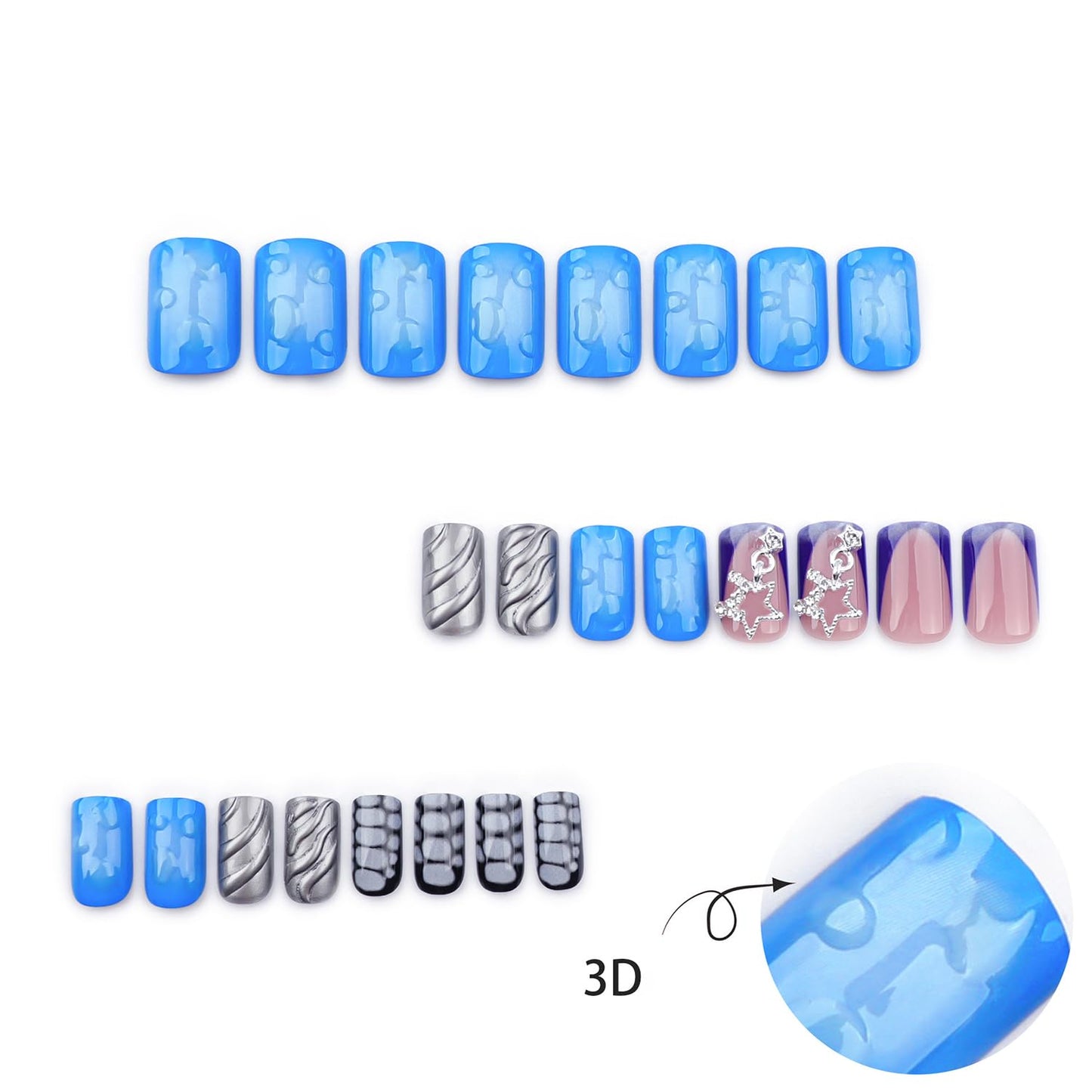 Press on Nails Short Length Blue Smudge False Nails 3D Stripe Silver Starlink Design Acrylic Nails Press Nails with Charm Artificial Stick on Nails Full Cover Reusable Acrylic Glue on Nails for Women