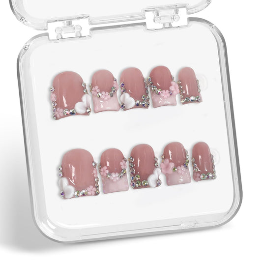 Handmade Press on Nails Short Square 3D Floral Pink French Tip Acrylic Fake Nails with Rhinestone Designs Muti-Layer Gel Thicked Stick on Nail Art Glossy False Nails for Women (M)