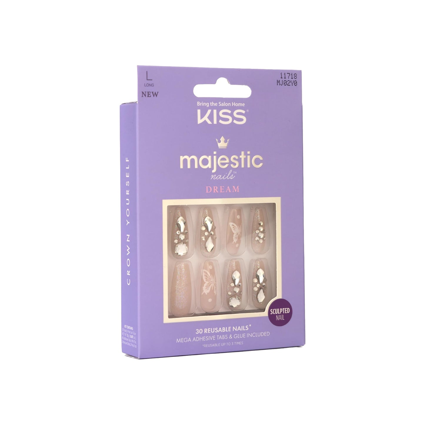 KISS Majestic, 30 Pcs Press On Nails, Medium Coffin Fake Nails, Pink Butterfly Glitter Design with Gems, Reusable Stick On Extensions Full Cover Kit with Glue, Adhesive Tabs, Manicure Stick & File