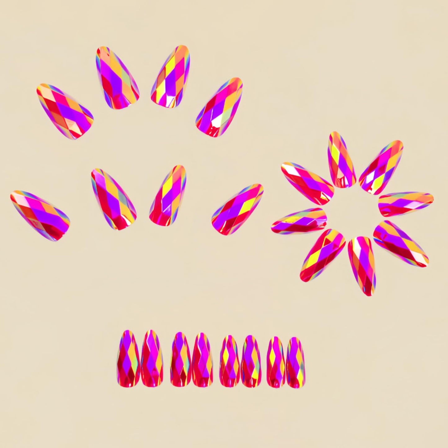 Orange-Pink Rhombus Electroplated Press on Nails Almond Fake Nails Designs Orange Chrome Diamond Grid False Nails 3D Mirrored Metal Full Cover for Women Girls Daily Wearable Manicure Decoration 24Pcs