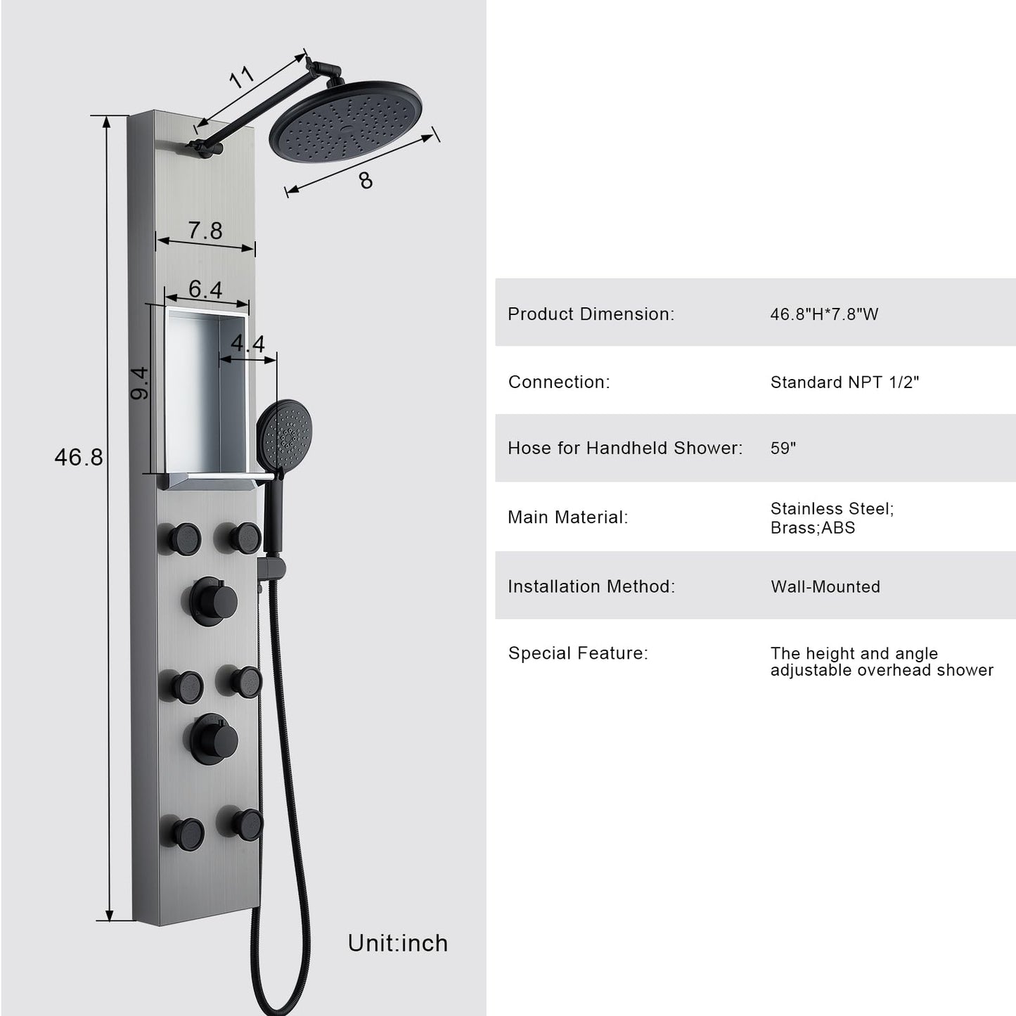 POPFLY Shower Panels System with 8-inch Rainfall Shower and Shelf, Shower Tower with Adjustable Head, 6 Body Jets and 5-Setting Handheld Shower, Brushed Nickel, Stainless Steel