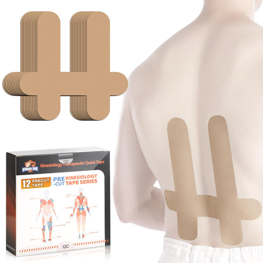 PreCut Kinesiology Tape for Lower Back, 12PCS Kinesiology Tape Precut for Lower Back, KTQUICK Original Cotton Waterproof&Breathable Latex-Free, Enhance Elastic Athletic Tape for Support Muscle(Beige)