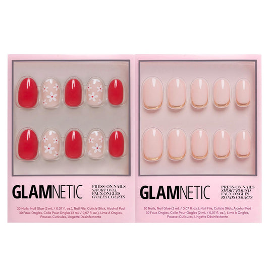 Glamnetic Press-On Nails Bundle - Red Blossom & Goal Digger | Short Oval Fake Nails with Floral Accents | Natural Short Round False Nails with Gold Foil | Reusable, Salon-Quality Nail Kits