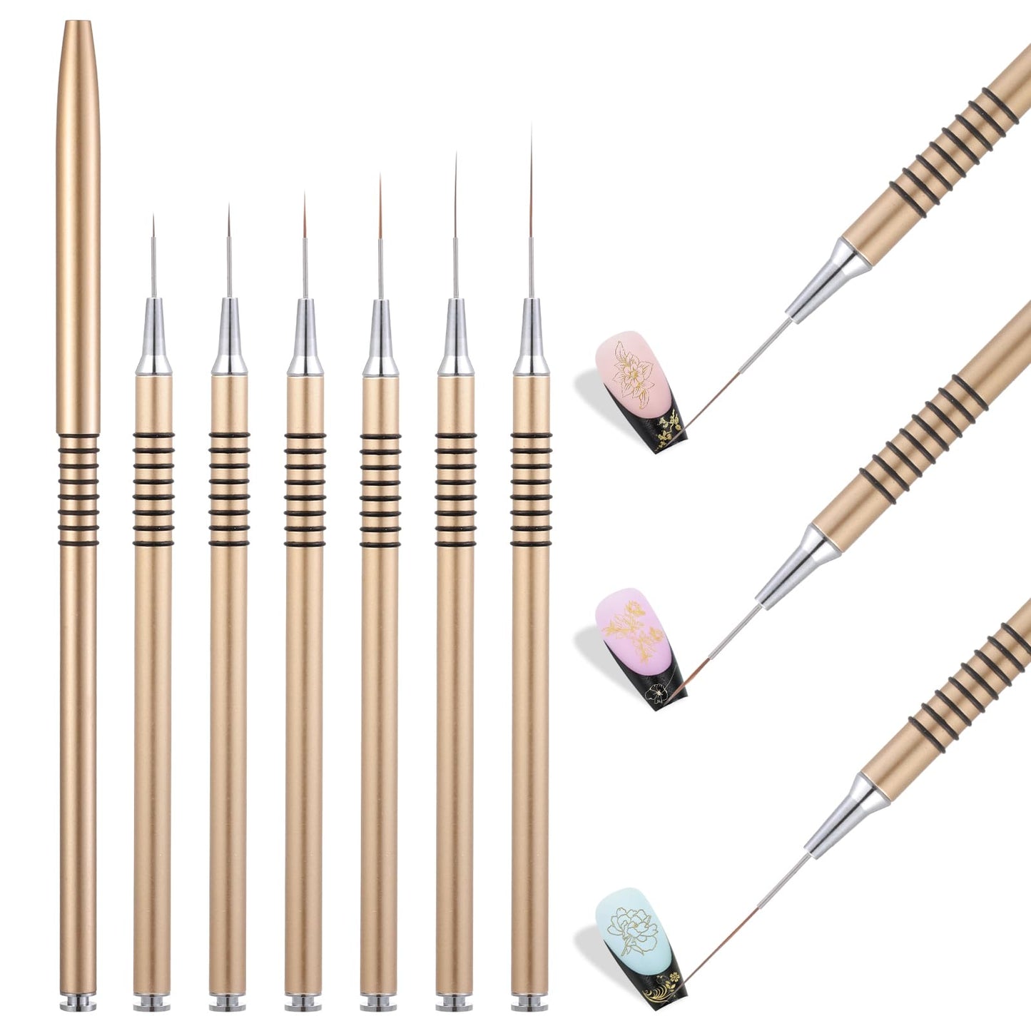 INENK 2PCS Round&Angled Nail Art Clean Up Brushes for OPI Nail Polish Remover + 6PCS Gold Nail Liner Brushes for Detail Painting Design Fine Lines Drawing, 5/7/9/11/15/25mm