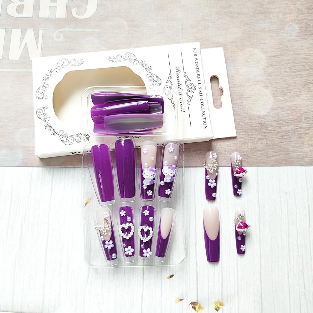 24Pcs Purple Coffin Nails Press on Nails 3D Flowers Pearl Butterfly Nail Charms Design Fake Nails with Glue 3D Flowers Full Cover Purple Acrylic Nails for Women