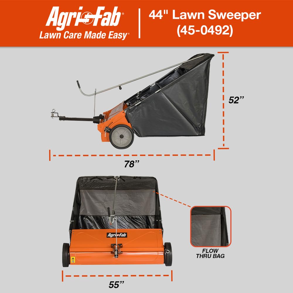 Agri-Fab 45-0492 44" Tow-Behind Lawn Sweeper, 28 cu. ft Hopper Bag Capacity; Leaf & Grass Catcher, with Adjustable Brush Height and Dump From Seat Handle