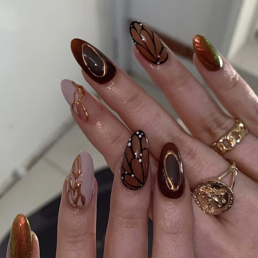 VOTACOS 24PCS Brown Acrylic Press on Nails Almond Medium Gold Glitter Fake Nails Press Ons with Designs Butterfly Pattern Glue on Nail for Women 3D Line Design Reusable Artificial Stick on False Nail