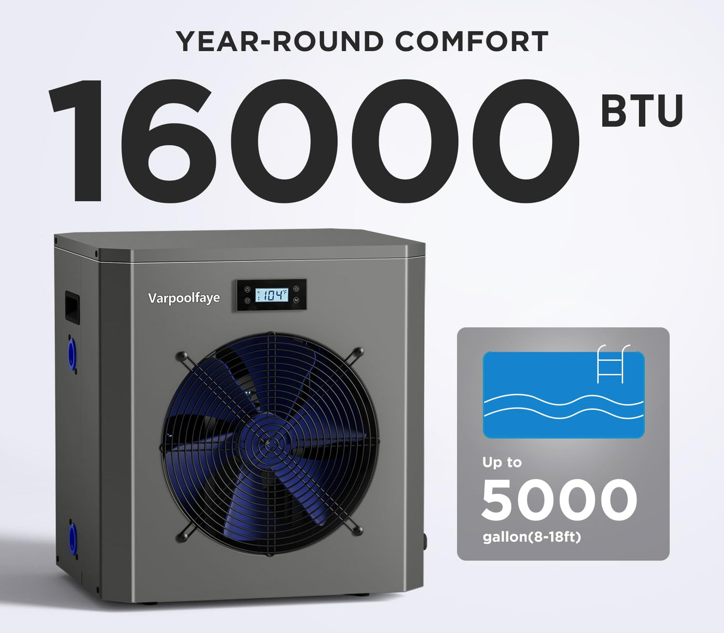 Varpoolfaye 16000 BTU Electric Heat Pump Pool Heaters for Above Ground Pools WiFi Control 5000 Gallon Pool Heater 120v 60Hz