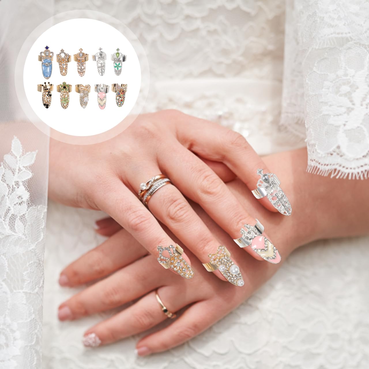 KALLORY 10pcs Ring Punk Full Finger for Flower Crystal Rings Nails Art Jewelries Opening Cap Fingernail Alloy Cover Halloween Christmas Nail Loop Girls Bow Tip Decoration