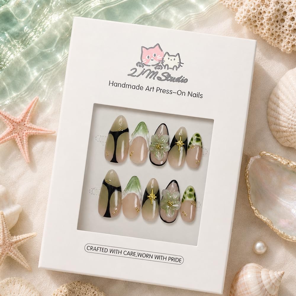 2IM Studio Handmade Press On Nails – 10 Piece Soft Gel Nail Kit with Glue & Tool Set, Reusable Artisan Nails, Salon-Quality Finish (Verdant Edge-S)