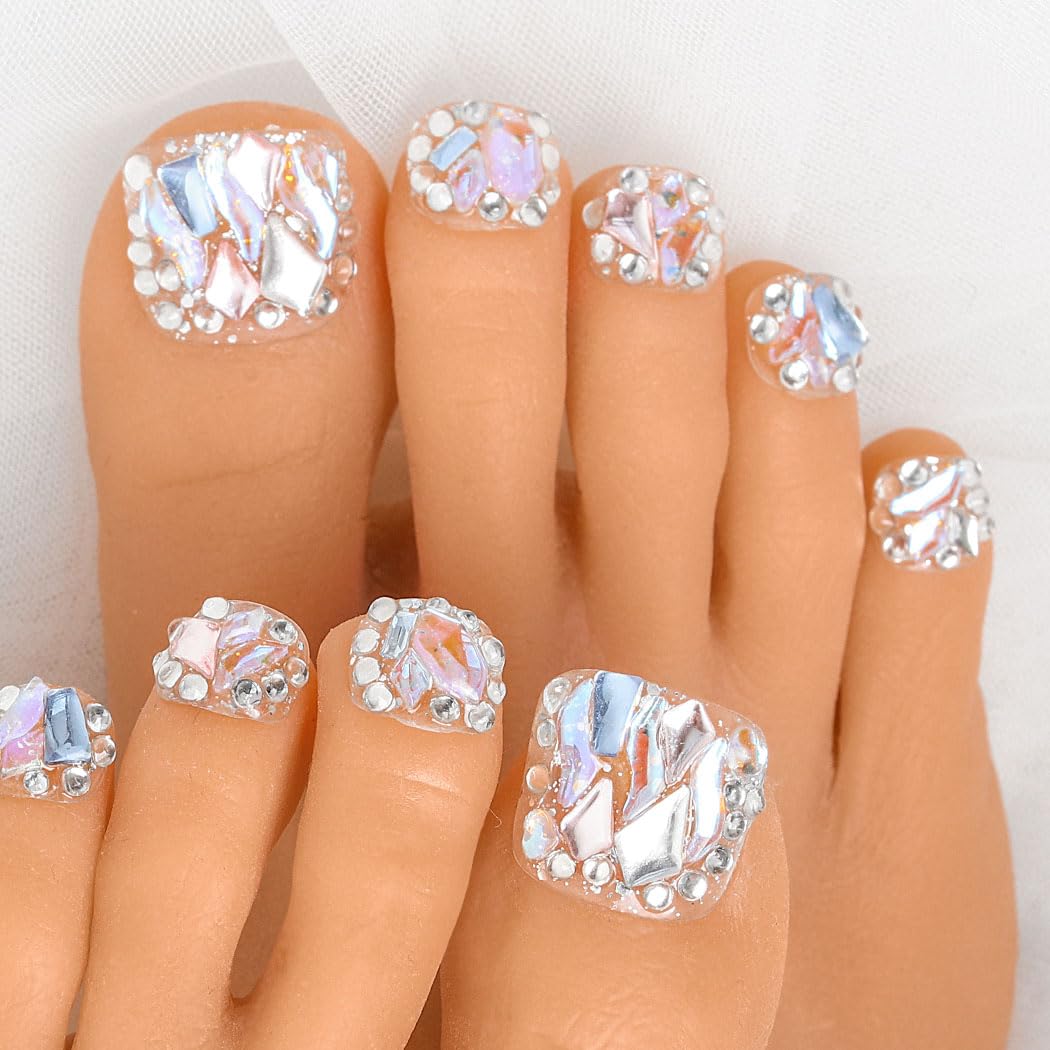 Sethexy Short False Toenails Silver Bling Rhinestone Wedding Full Cover Press On Toenails Luxury Crystal Fake Toe Nails Acrylic Stick On Foot Nails for Women and Girls 10Pcs (8, L)