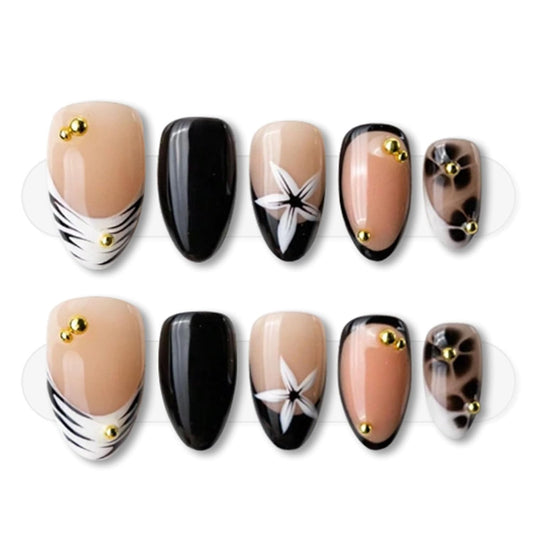 Press on Nails Short Almond Fake Nails with White Flower Stripe Golden Pearl Designs French Tip Nails Press ons Black Nude Glossy Acrylic Nail Winter Stick on Nail for Women 24 Pcs